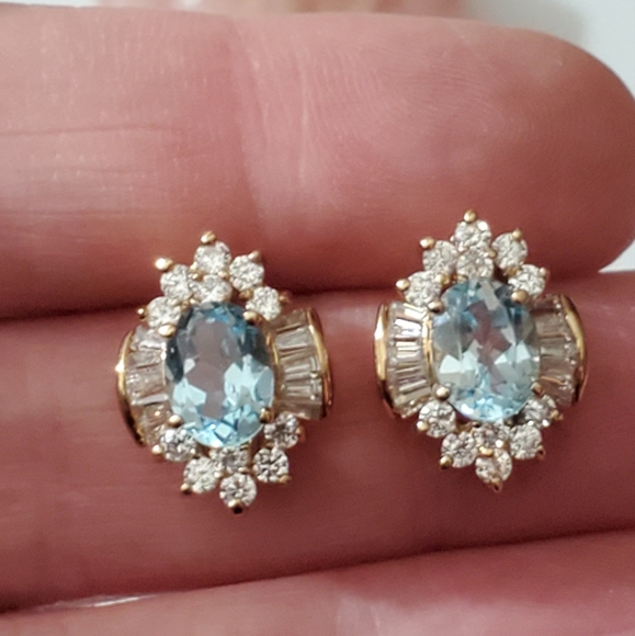 Topaz earrings tourmaline baguettes oval ice blue Genuine natural pierced gold - Picture 6 of 16